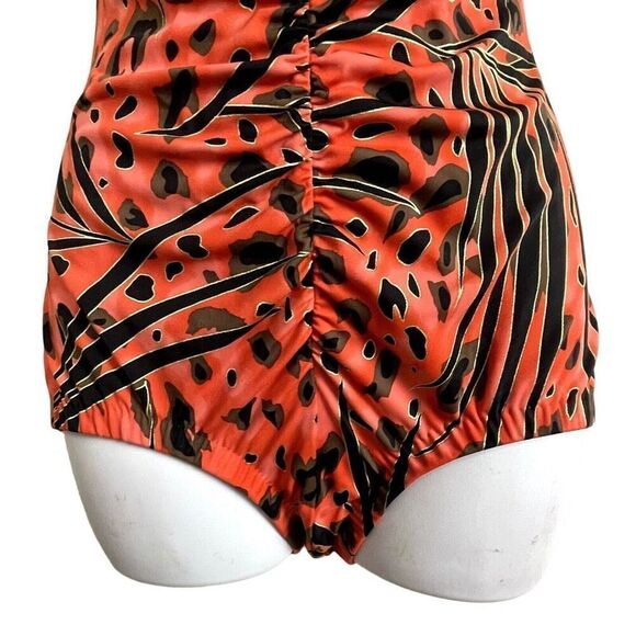 Maxine Sz 16 Gathered Front One Piece Swimsuit Red Orange Animal Print Shapewear - Picture 5 of 14